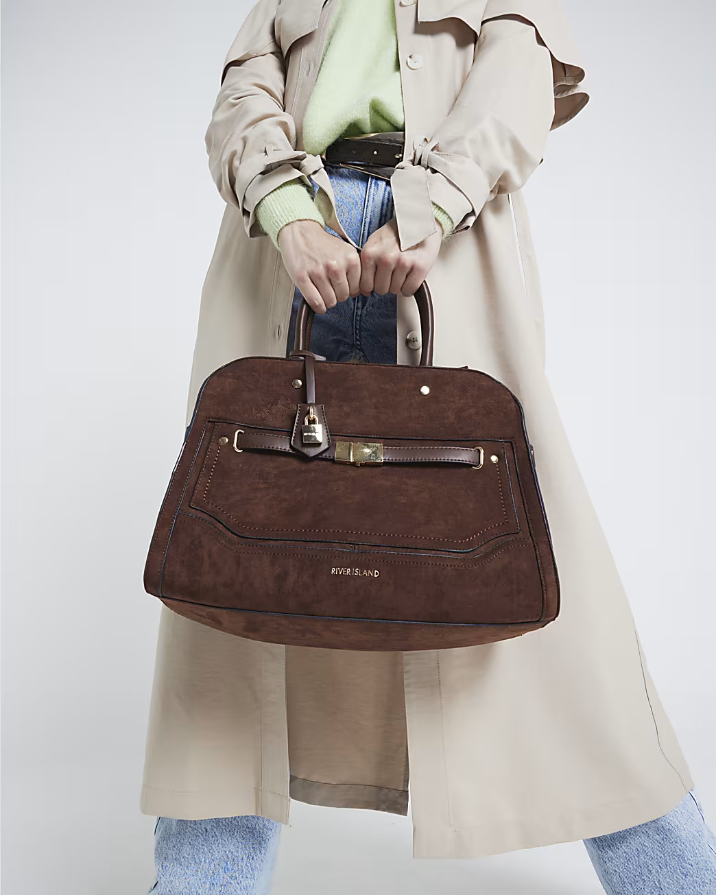 Brown suedette lock detail tote bag | River Island UK & IE