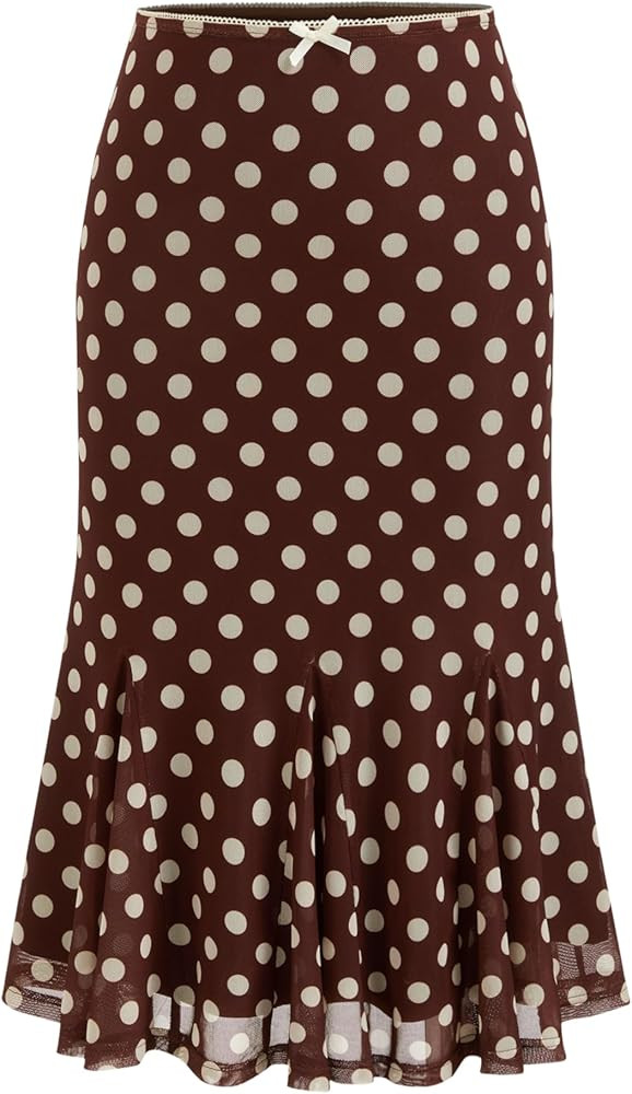 CIDER Womens Polka Dot Midi Skirt Vintage Bowknot Sheer Mesh Ruffle Hem Retro Fashion Going Out C... | Amazon (US)