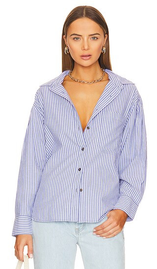 Mallory Pleat Sleeve Shirt in Salute Stripe | Revolve Clothing (Global)