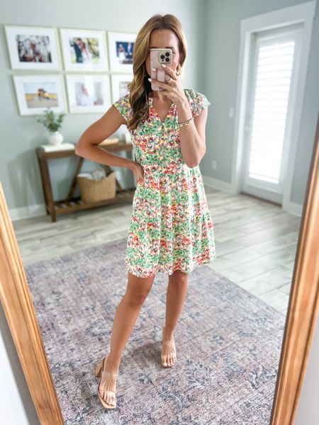 Loft Easter dress on sale (XXSP). Floral mini dress. Baby shower dress. Spring dress. Brunch outfit. Teacher outfit. Work outfit. Target clear heels (TTS). 

*dress is flowy in the midsection and would be a great first trimester dress!

#LTKunder50 #LTKshoecrush #LTKbaby