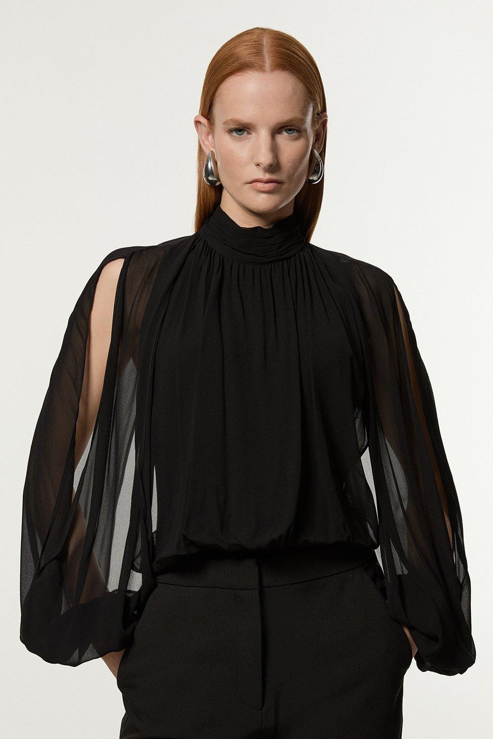 Tall Viscose Georgette Cady Lace Insert Bodysuit | Karen Millen UK + IE + DE + NL