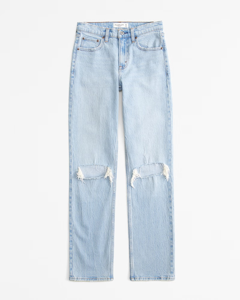 Abercrombie & Fitch Women's Mid Rise 90s Straight Jean in Light Destroy - Size 31 LONG | Abercrombie & Fitch (US)