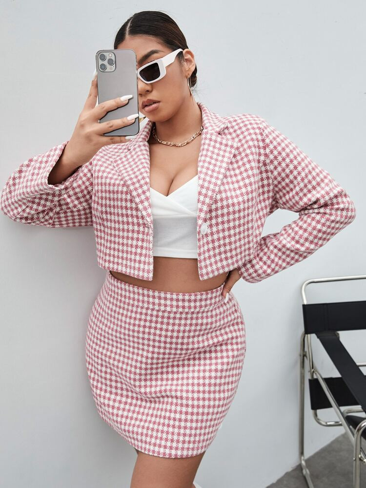 Plus Gingham Blazer With Skirt | SHEIN
