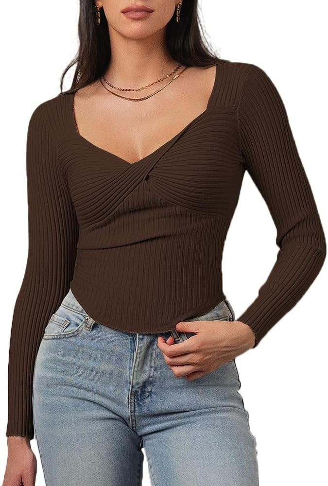 CHYRII Womens Sexy Fall Fashion Twisted Tops Ribbed Knit Winter Pullover Sweater Going Out Crop T... | Amazon (US)