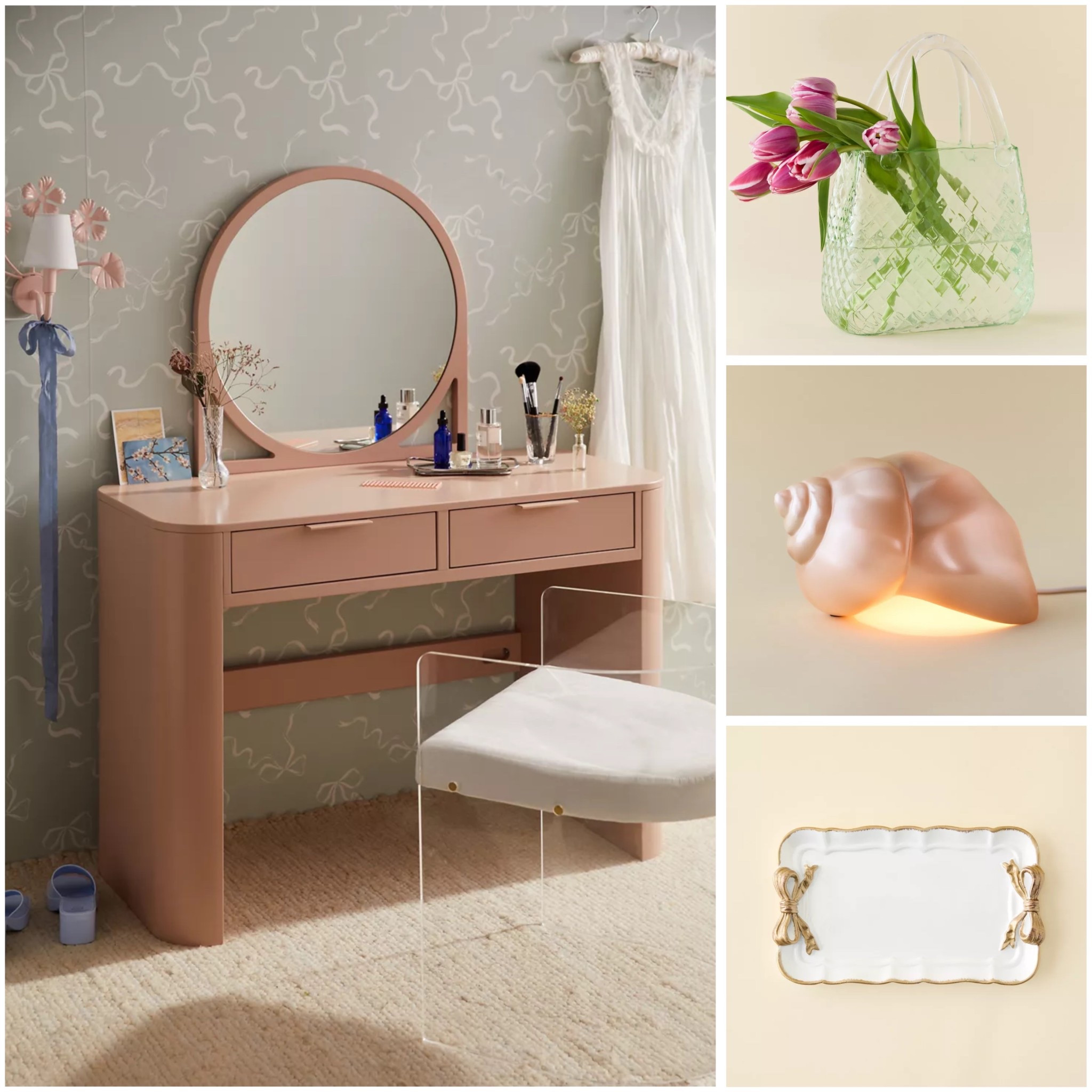 Home decor for bedroom or even living room or dorm room. More colors are available in the vanity. I added some cute accessories like a glass bag-shaped vase, shell lamp and bow trinket tray. 

#LTKU #LTKHome #LTKStyleTip