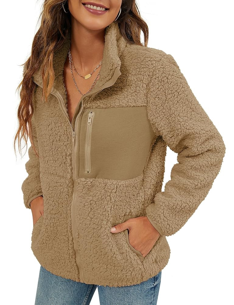 VVK Women's Fashion Faux Shearling Shaggy Full Zip Coats Warm Winter Patchwork Jackets with Pocke... | Amazon (US)