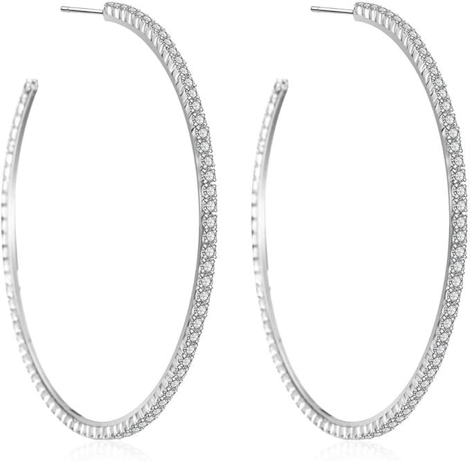 FAMARINE 925 Sterling Silver CZ Open C Hoops Earrings, Crystal Cubic Zirconia Hoop Earring Gift f... | Amazon (US)
