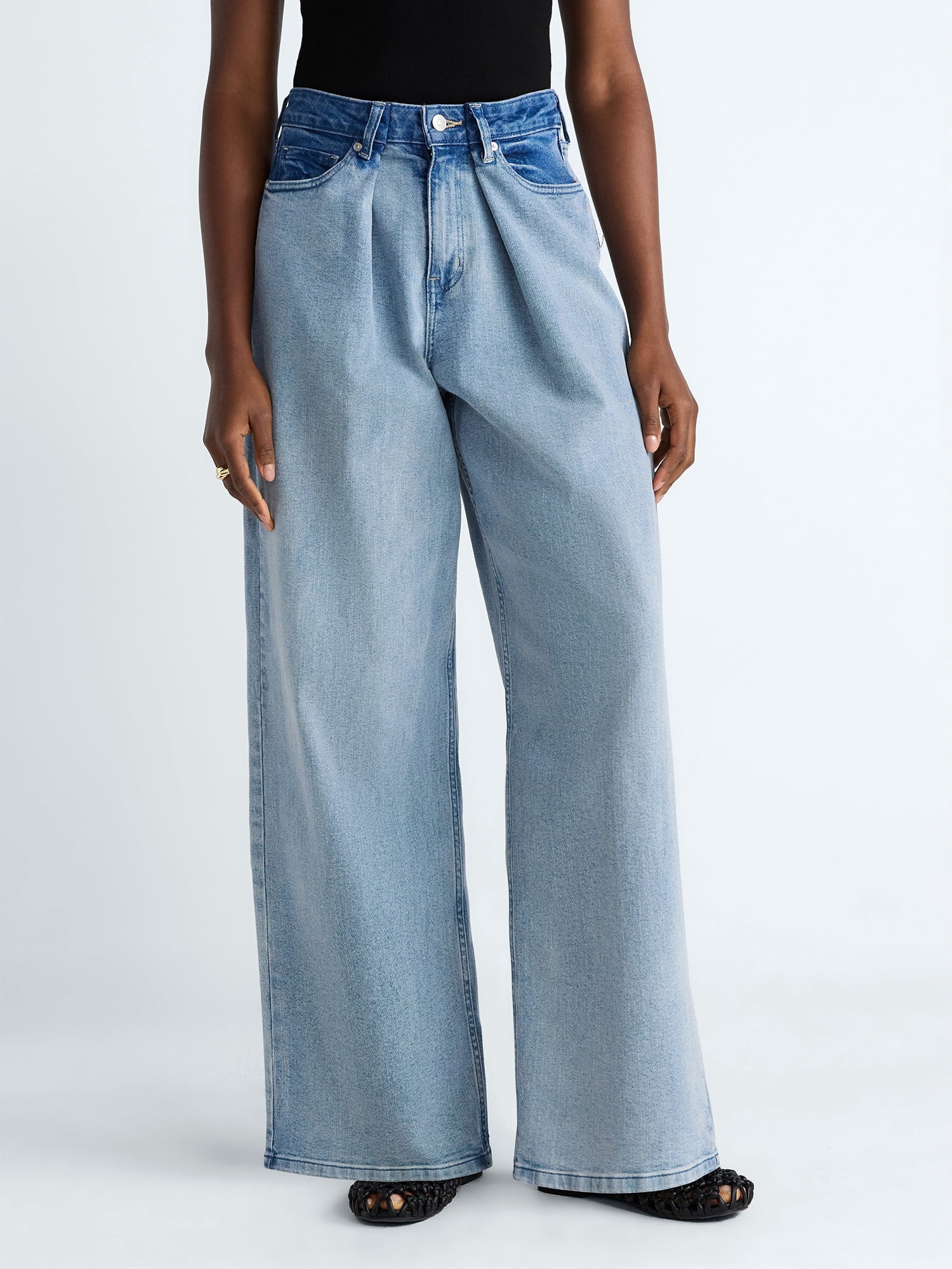 Scoop Women's and Women's Plus Mid-Rise Colorblock Wide Leg Jeans, Available in Short, Reg, and T... | Walmart (US)