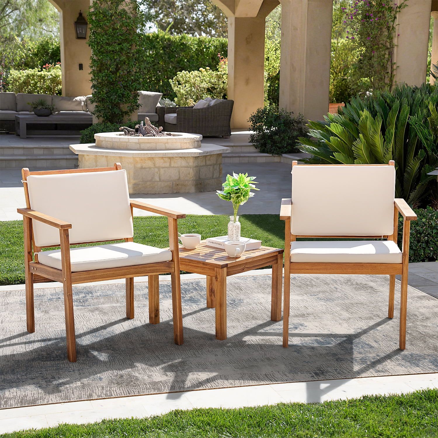 Devoko 3 Pieces Acacia Patio Conversation Set Outdoor Furniture Set with Cushions and Side Table ... | Walmart (US)