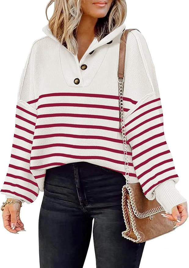 ETCYY Womens Striped Sweaters Fall 2022 Batwing Long Sleeve Side Slit Oversized Crew Neck Knit Pu... | Amazon (US)