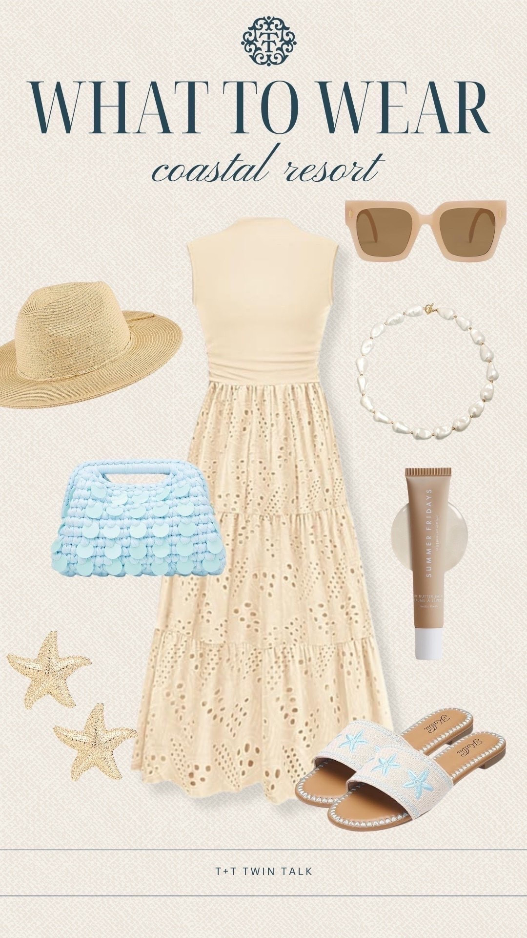 T+T, what to wear! This cream eyelet dress is one of our favorite summer looks, especially paired with a straw hat, blue textured bag, pearl necklace, starfish earrings, and embroidered sandals. We’d wear this outfit for a beach vacation, dinner by the water, or any sunny getaway.

#LTKSeasonal #LTKOver40 #LTKMidsize
