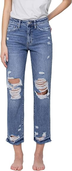 Flying Monkey, High Rise Released Hem Crop Straight Jeans, Medium Blue | Amazon (US)