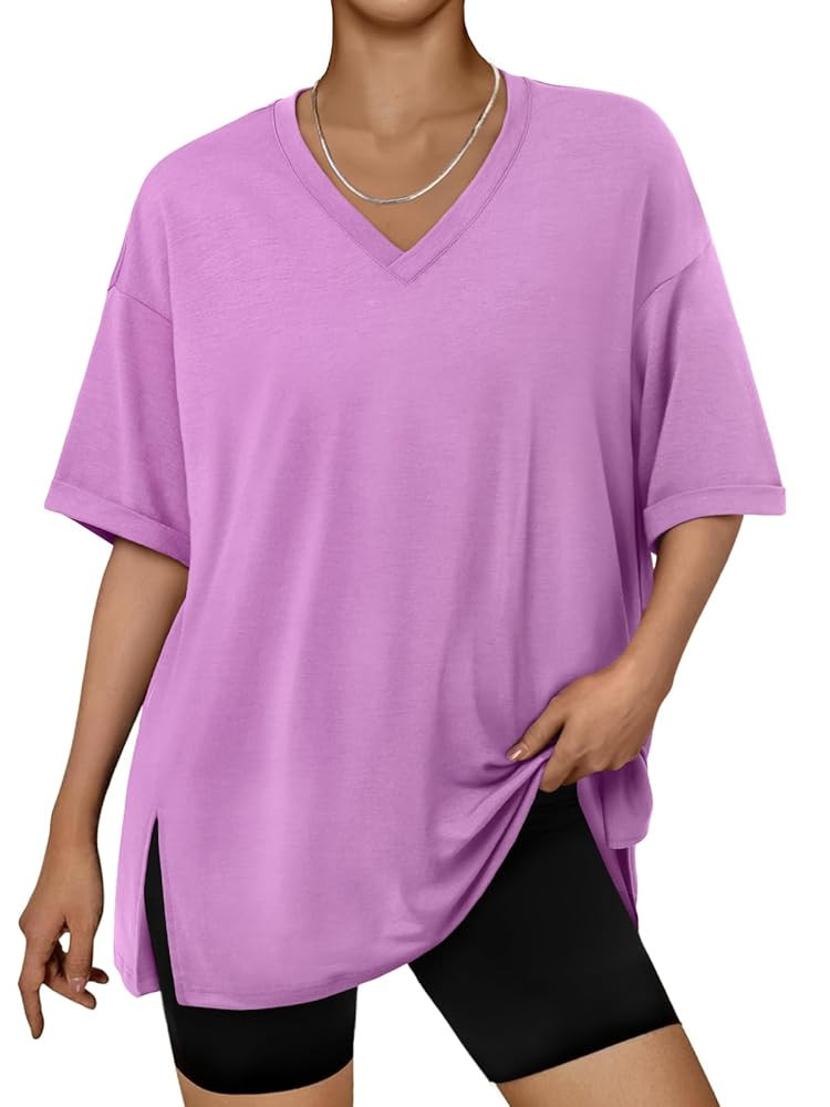 Trendy Queen Oversized Tshirts for Women Workout Plus Size Tops V Neck Short Sleeve Gym Shirts Ca... | Amazon (US)
