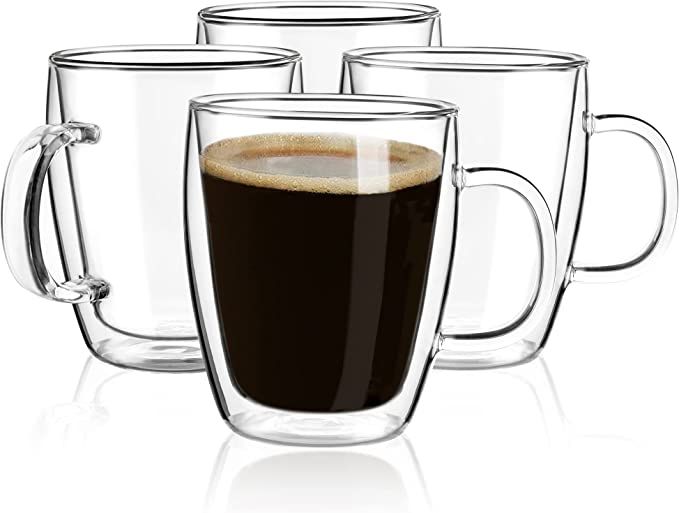 Amazon.com | Double Wall Glass Coffee mugs, (4-Pcak) 16 Ounces-Clear Glass Coffee Cups with Handl... | Amazon (US)