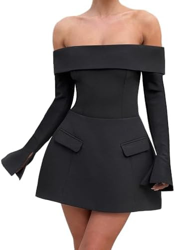 Women Sexy Mini Dress Off Shoulder Long Sleeve A Line Dress Short Formal Dresses Party Clubwear | Amazon (US)