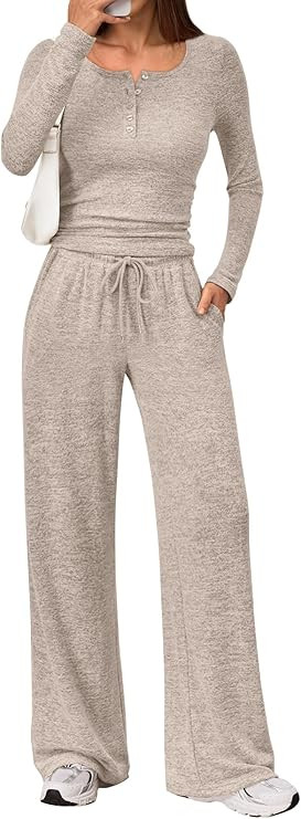 Trendy Queen Women's 2 Piece Matching Lounge Sets Fall Fashion Outfits Henley Neck Sweater Top Wi... | Amazon (US)
