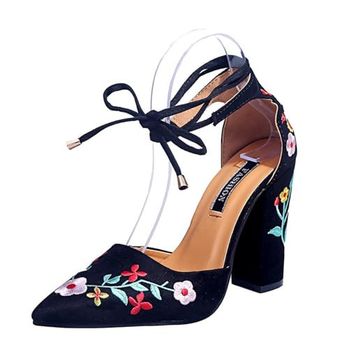 Pointed Toe Floral Embroidered Backless High Heel Fashion Slip On Ankle Strap Chunky Heels Shoe Boho Single Pumps Sandals for Dinner Party Bridesmaids(Black,8.5 US) | Amazon (US)