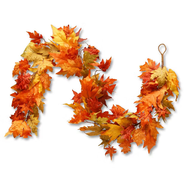 National Tree Company Garland with Maple Leaves and Pumpkins Red/Orange (72") | Target