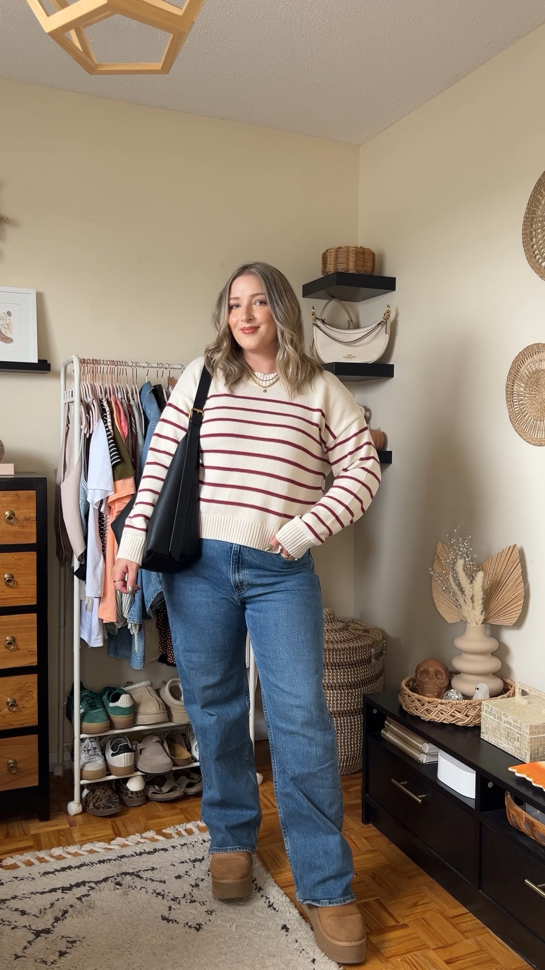 Simple fall outfit! Wearing my usual size L in the striped sweater, it’s 100% cotton and so soft! Wearing 32 in my fave Abercrombie jeans (could do a 31 but I prefer a looser fit for comfort). Ugg inspired look for less are from Amazon and are holding up so well! I’m a 9.5-10 and wear a 10.


#LTKmidsize #LTKstyletip #LTKsale