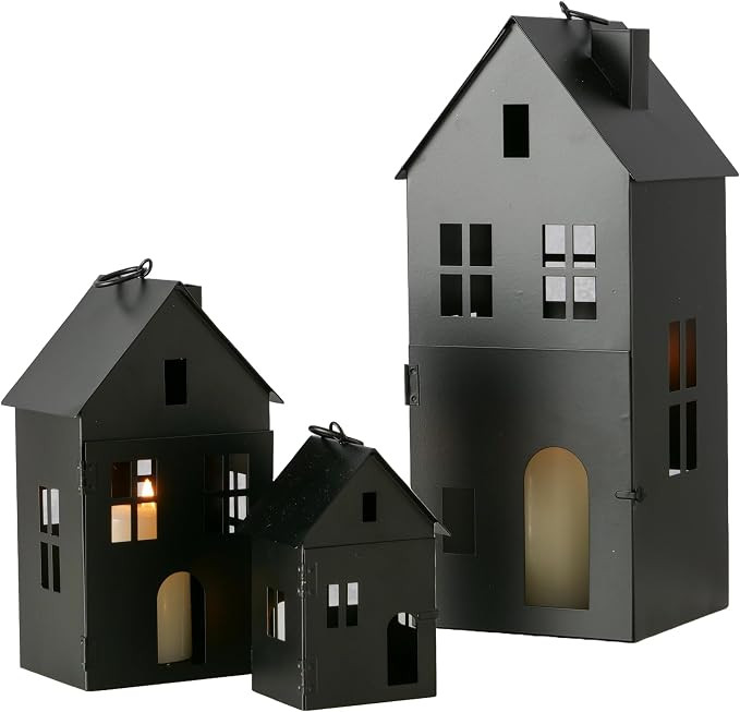 Main Street Town House Candle Lanterns, Set of 3, Vintage Style, Architectural Details,Rustic Bla... | Amazon (US)