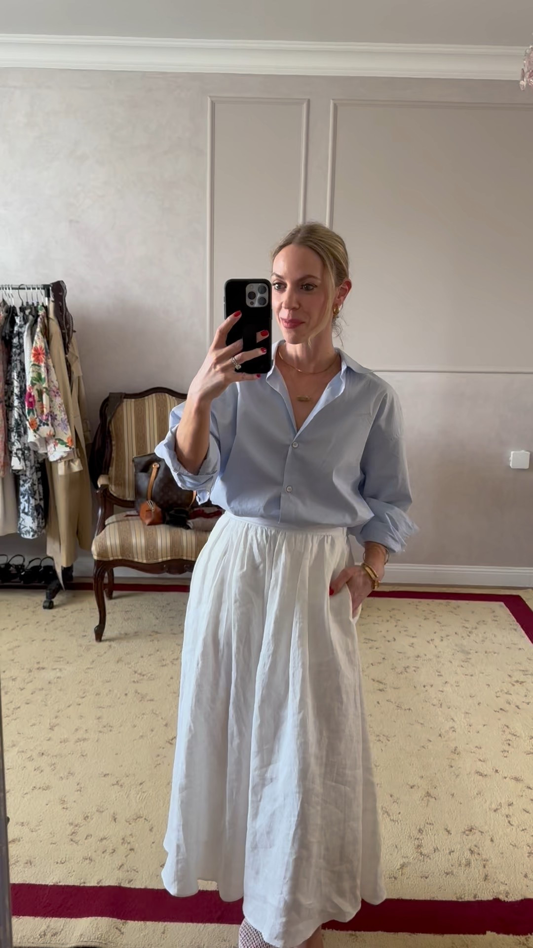Work wear look, summer office outfit, Zara blue oxford shirt, white linen midi skirt, mesh ballet flats 

#LTKFindsUnder50 #LTKShoeCrush #LTKWorkwear