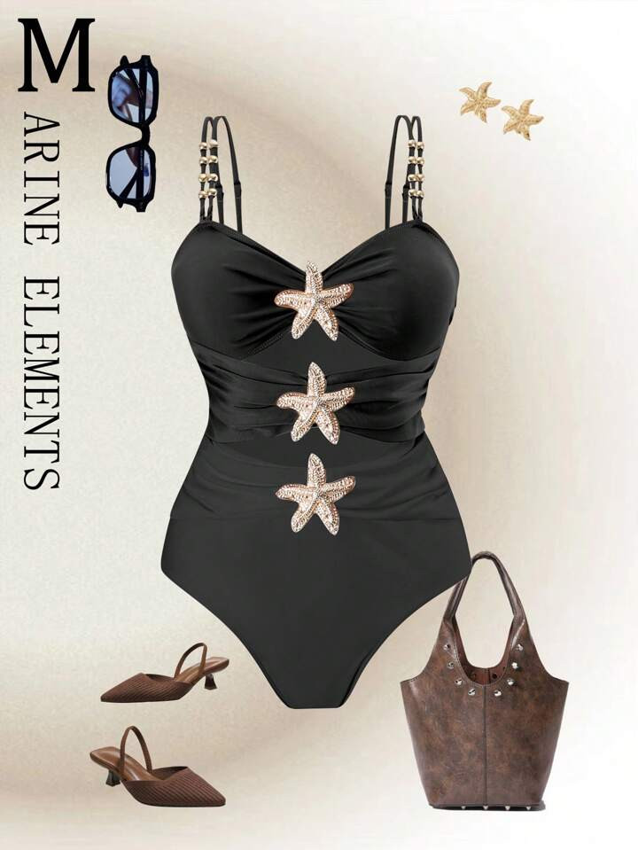 SHEIN Swim Curve 1pc Plus Size Women Metal Decor Minimalist One-Piece Swimwear, Summer Beach Holi... | SHEIN