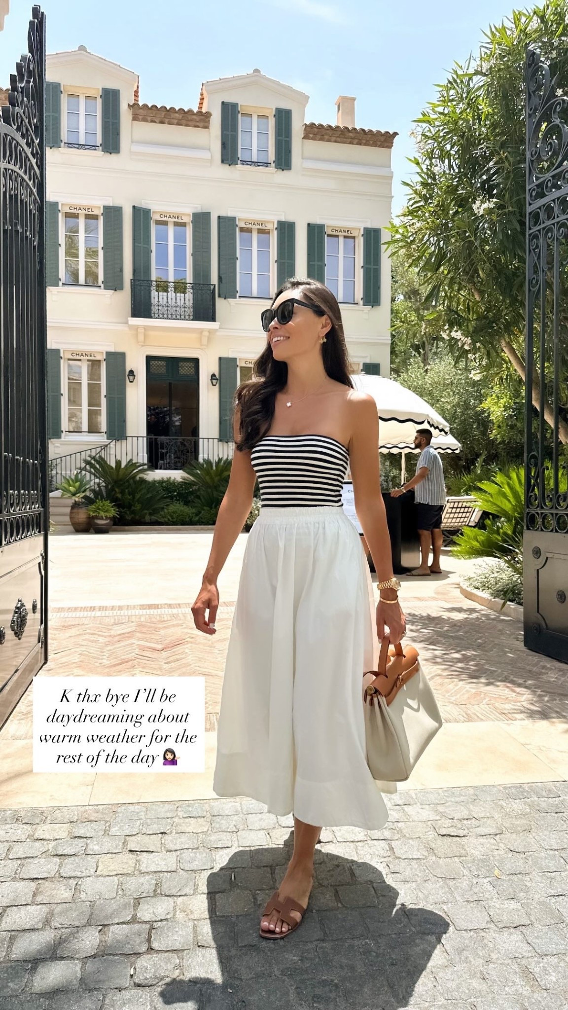 White skirt and stripe tube top in St. Tropez, Kat Jamieson style, vacation outfit, spring outfit. 

#LTKspring #LTKspringtrends #LTKootd