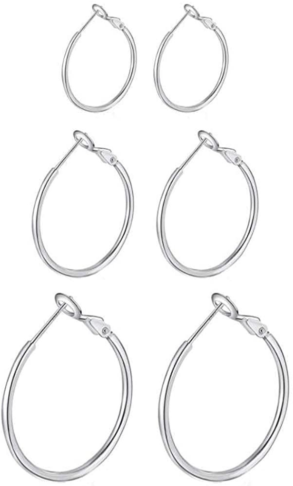 3 Pairs Sterling Silver Post Hoop Earrings | Amazon (US)