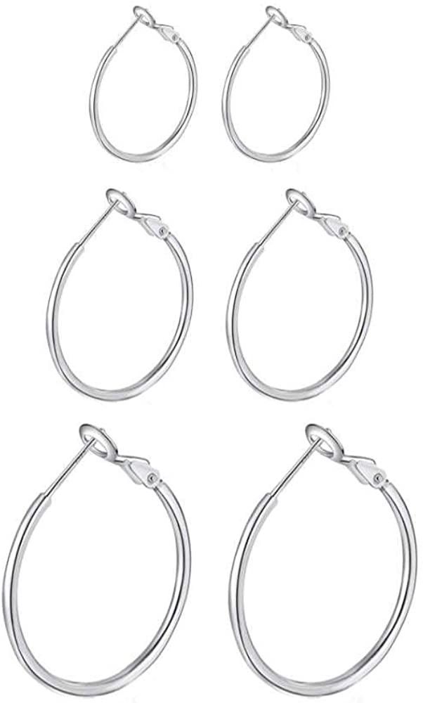 3 Pairs Sterling Silver Post Hoop Earrings | Amazon (US)