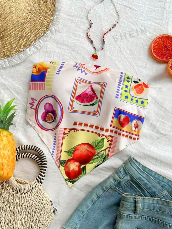 SHEIN WYWH Women's Vacation Style Cute Fruit Pattern Printed One-Piece Triangle Scarf With Back T... | SHEIN