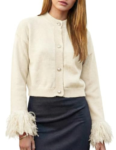 Wyeysyt Women Feather Cuff Cardigan Sweater Round Neck Tassel Cropped Cardigan Knit Button Sweater(Beige-M) | Amazon (US)