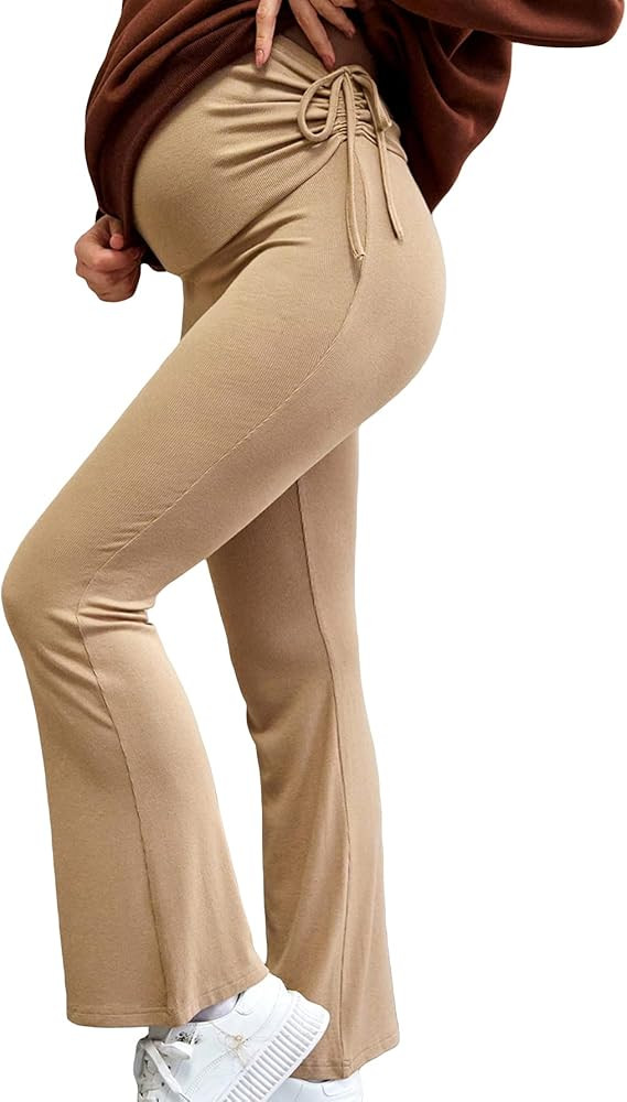 OYOANGLE Women's Maternity Pants Over Belly Drawstring Waist Flare Leg Soft Casual Pants Trousers | Amazon (US)