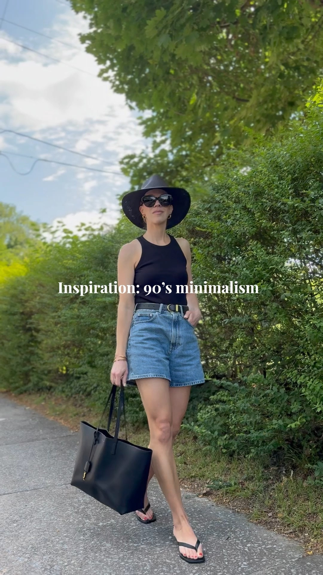 Summer outfit 2026, 90’s minimalism, tank top with high rise denim shorts, leather thong sandals, @Janessa Leone black straw hat

#LTKxMadewell #LTKSeasonal #LTKOver40