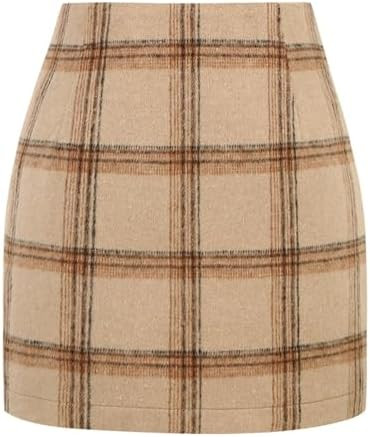 Kinghua Womens Wool Plaid Mini Skirt Fall Winter High Waisted Bodycon Pencil Skirt | Amazon (US)