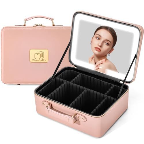 Gdsshuhung Makeup Bag with LED Mirror & Magnifier, Large Cosmetic Organizer Travel Makeup Case with Adjustable Brightness & 6 Detachable Dividers, Portable Makeup Storage for Women Girls (Pink) | Amazon (US)