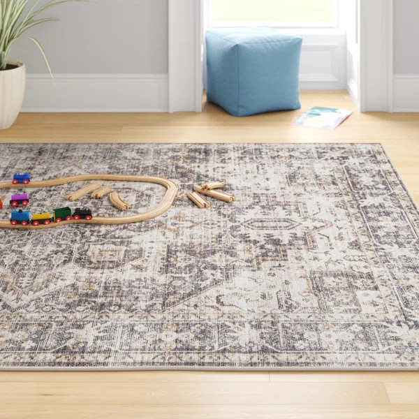 Mittler Oriental Power Loomed Polyester Area Rug in Dark Gray/Beige | Wayfair North America