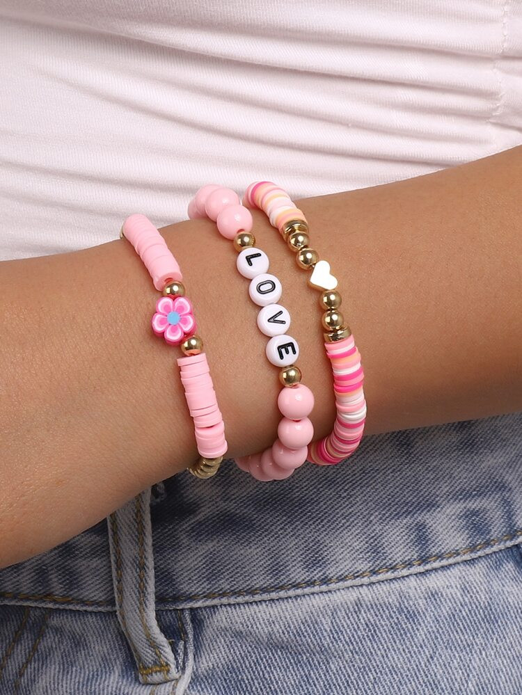 3 stks Hart & Bloem Decor Kralen Armband | SHEIN