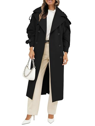 Muchpow Women's Oversized Long Trench Coat with Belt (Black, Small) | Amazon (US)