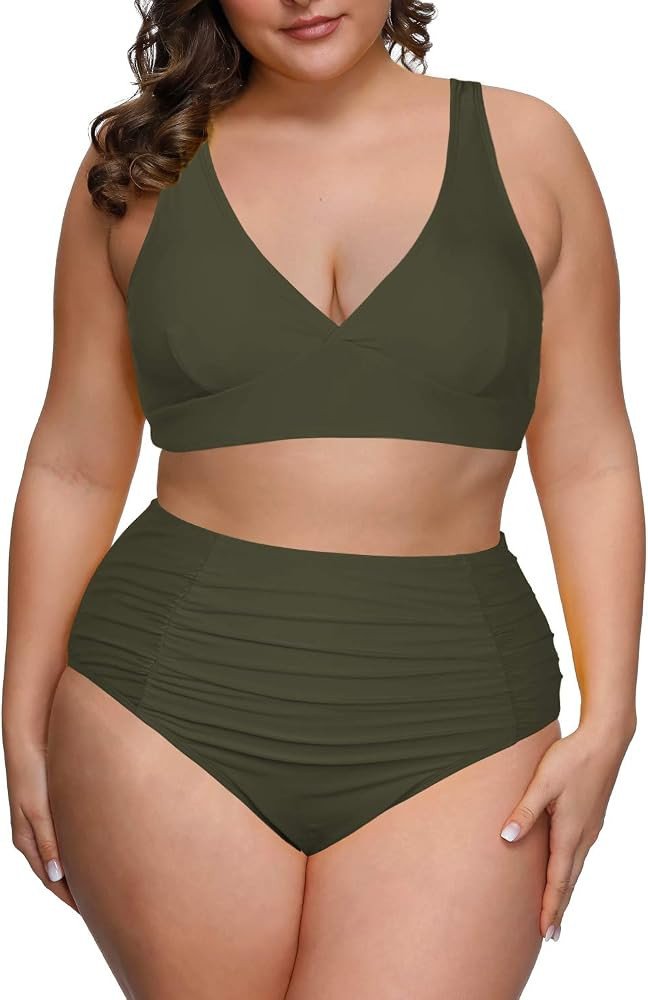 Pink Queen Women's Plus Size Swimwear High Waisted Swimsuits Ruched Tummy Control Bikini Set | Amazon (US)