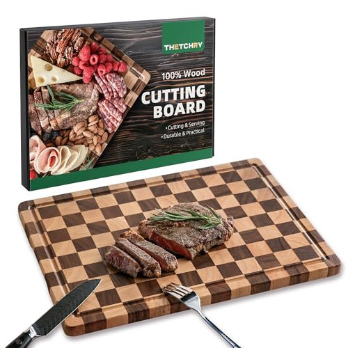 THETCHRY Cutting Boards for Kitchen, Checkered Cutting Board Upgraded, Acacia Wood Chopping Board with Juice Grooves & Handles, Large Butcher Block Serving Tray with Gift Box, 17"X12"X0.8" | Amazon (US)