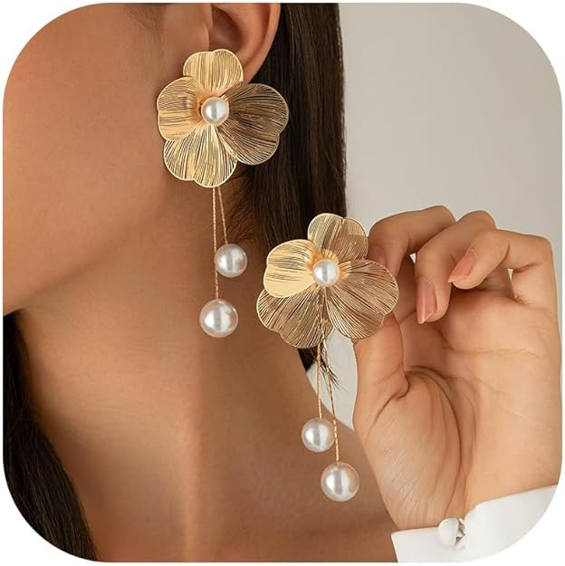 Gold Flower Earrings for Women Big Statement Dangle Earrings Boho Long Drop Pearl Floral Petal Ea... | Amazon (US)
