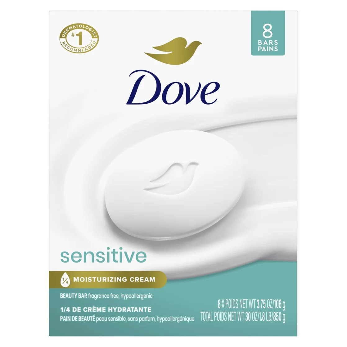 Dove Beauty Bar Women's Bath Soap Sensitive, 3.75 oz 8 Bars | Walmart (US)