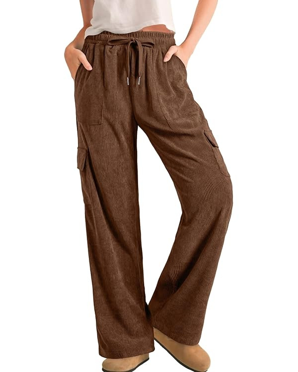 Sidefeel Womens Corduroy Pants Casual High Waisted Elastic Drawstring Cargo Loose Fit Wide Leg Pa... | Amazon (US)