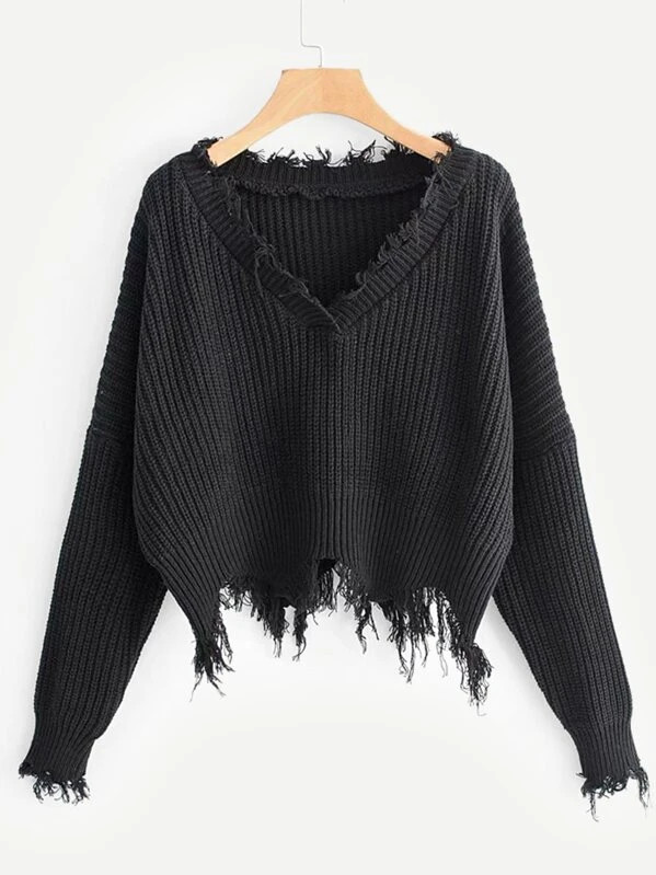 Frayed Trim Drop Shoulder Sweater | SHEIN