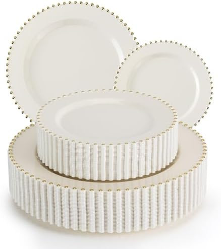 EI 60pcs Beige Plastic Plates with Gold Rim,Ivory Disposable Plates,Heavy Duty Fancy Plastic Plat... | Amazon (US)