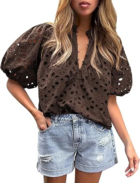 PRETTYGARDEN Women's Summer Tops Dressy Casual Short Lantern Sleeve V Neck Buttons Hollow Out Lac... | Walmart (US)