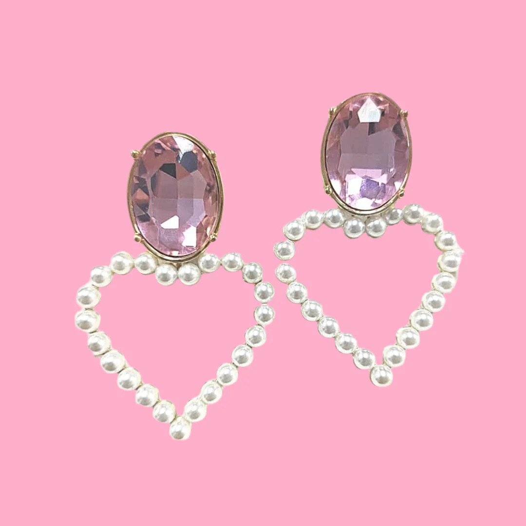 Blush Pink Jewel & Pearl Heart Earri | Teggy French