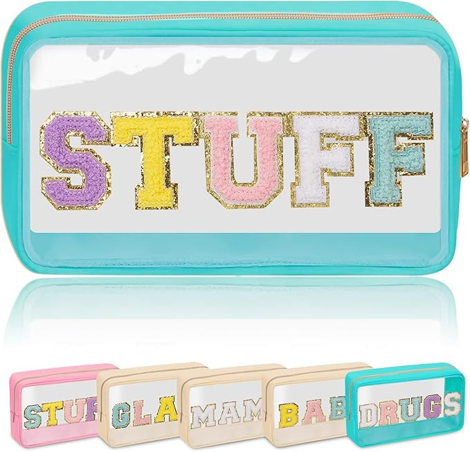 Preppy Makeup Bag Stuff Pouch, Chenille Letter Patch Make Up Bag, Clear Small Travel Makeup Zippe... | Amazon (US)