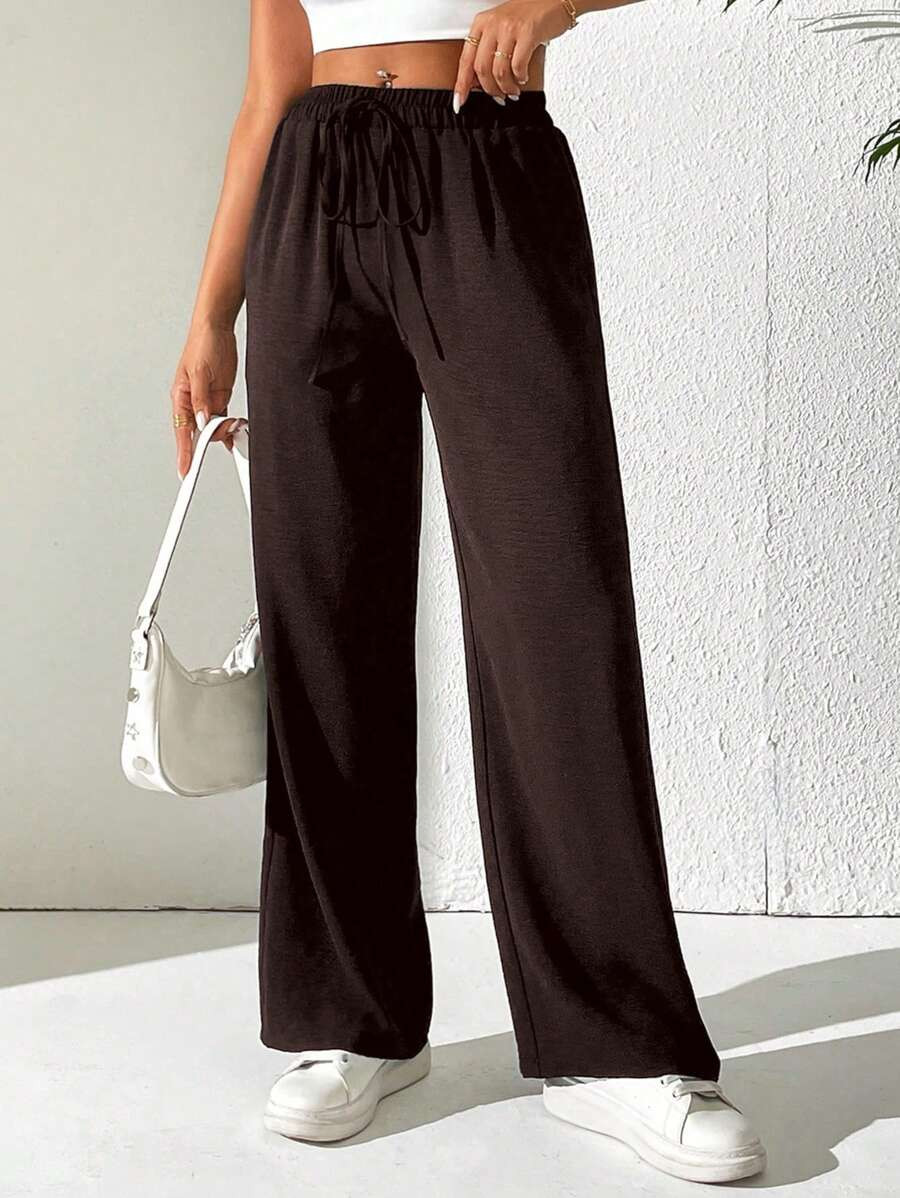 SHEIN PETITE Women's Solid Color Front Tie Waist Minimalist Casual Wide Leg Pants | SHEIN