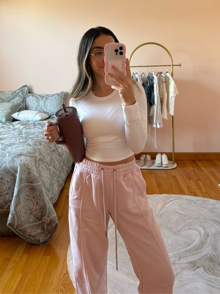 WFH outfit! Comfy jogger sweatpants which are my current fav and my go-to white long-sleeve tee! This tumbler is spill proof so mama approved! 

#LTKfindsunder50 #LTKfindsunder100 #LTKSeasonal